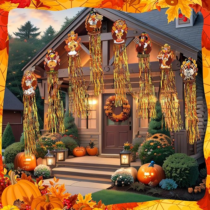 DoubleFill 8 Pcs Thanksgiving Turkey Outdoor Hanging Decorations with Tassels Fall Harvest Yard Decoration Windsocks for Outside 3.3ft Signs for Wall Home Lawn Yard Tree Party Supplies Garden Decor
