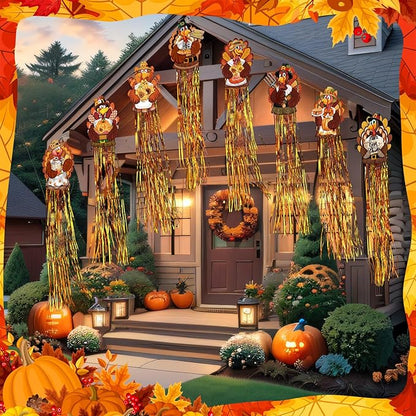 DoubleFill 8 Pcs Thanksgiving Turkey Outdoor Hanging Decorations with Tassels Fall Harvest Yard Decoration Windsocks for Outside 3.3ft Signs for Wall Home Lawn Yard Tree Party Supplies Garden Decor