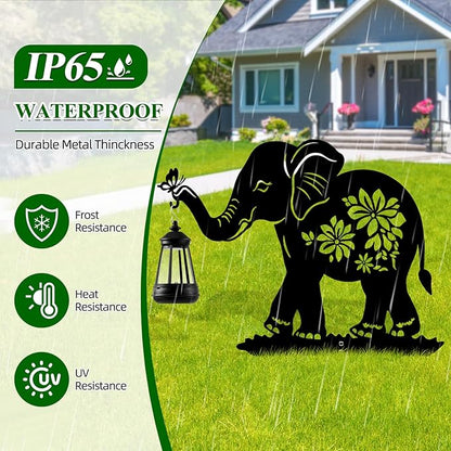 Elephant Solar Garden Stakes, Elephant Silhouette Decorative with Solar Lantern, Metal Garden Decor for Yard,Lawn,Pathway