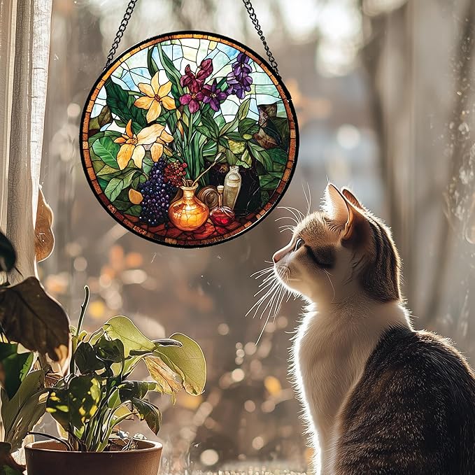 Stained Glass Window Hanging Berry Plant Purple Yellow Flowers in Vase 9.8" - Suncatcher Door Garden Sun Catcher Home Decor Birthday Christmas for Mom Men Woman Nana