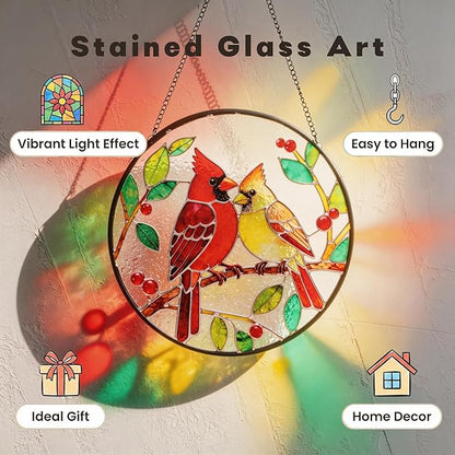 LITIVY Stained Glass Window Hanging – Cardinal Birds on A Branch Suncatcher – Mother’s Day Memorial Gift, 8 Inch Rainbow Maker & Sun Catcher Decor for Windows, Whimsical Gifts for Women