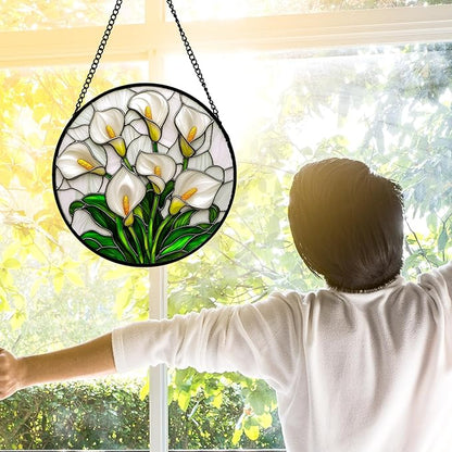 DASTOLL Stained Glass Window Hanging, White Calla Lily Suncatcher Diamond Glass Panel Hangings Flowers Sun Catchers Decor for Birthday for Women, Men, Wife, Aunt, and Mom 11.8x11.8 in
