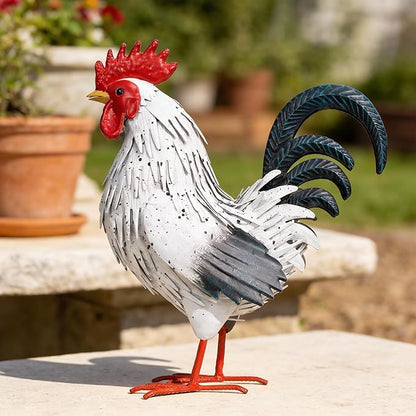 Ratuor Rooster Garden Statue Sculpture Metal Chicken Yard Decor Outdoor Figurines Patio Backyard Decoration (White)