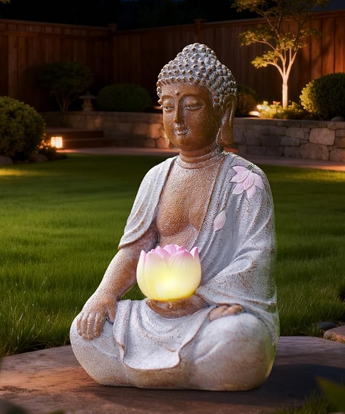 Nacome Solar Buddha Garden Statue Decor: Resin Zen Decor Waterproof Sitting Figurine with Lotus Flower Light Design for Outside Patio Lawn Yard Balcony - 8.3 inches(White)