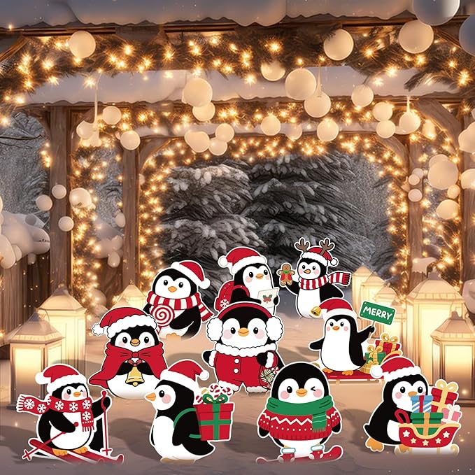 10-Piece Christmas Penguin Yard Signs with Stakes Decorations – 10 Assorted Designs 12 Inches Large Holiday Penguin Signs for Outdoor Garden and Lawn Winter Party Favor