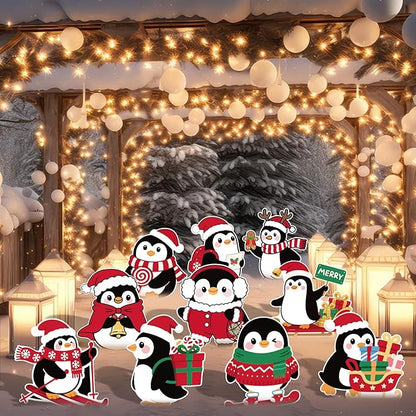 10-Piece Christmas Penguin Yard Signs with Stakes Decorations – 10 Assorted Designs 12 Inches Large Holiday Penguin Signs for Outdoor Garden and Lawn Winter Party Favor