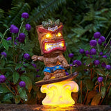 Solar Tiki Statue Outdoor Decor-Tiki Bar Decor-Garden Tiki Surfing Statues Waterproof Decoration Figurine for Tiki Bar,Patio,Balcony,Yard,Lawn,Table,Desk 9.92 Inches Tall