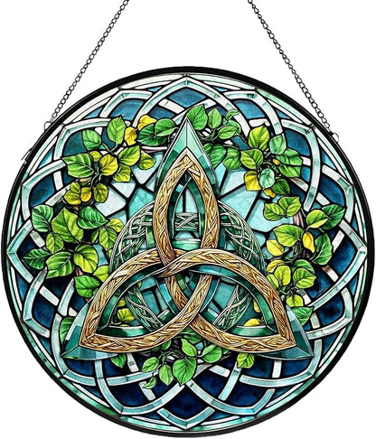 Celtic Knot Stained Glass Window Hanging, Suncatcher Diamond Glass Panel Hangings, Sun Catchers Indoor Windows Wall Art Decoration, Christmas Decor for Home Office Garden Green 7.87 inches