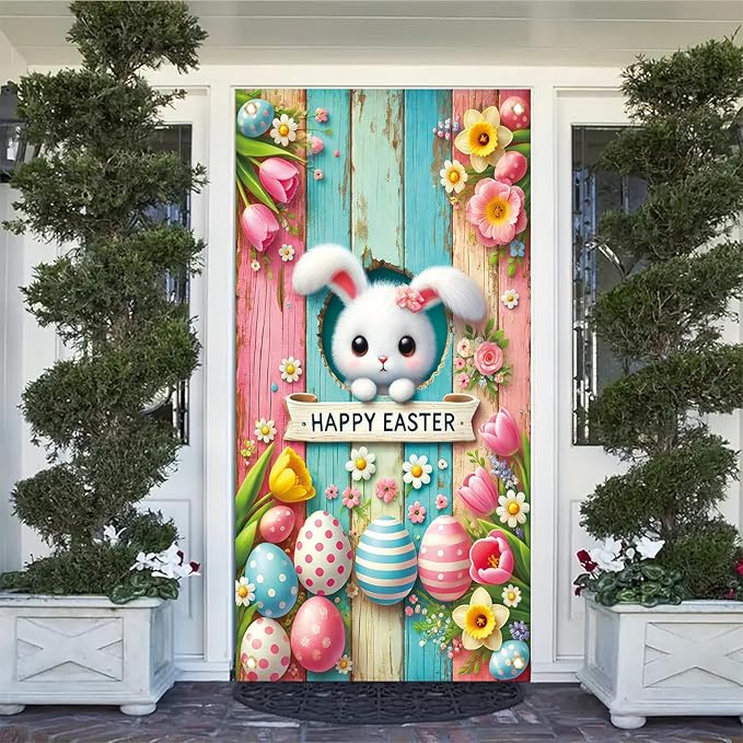 Happy Easter Door Cover Decoration Easter Eggs Bunny Door Banner Backdrop Photography Welcome Spring Outdoor Indoor Home Decors Supplies Party Decorations 70.8 x 35.4 inch