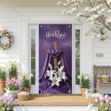 He Is Risen Easter Door Cover Decorations 35x71 Inch - Premium Religious Cross Church Banners with White Lilies, Purple Resurrection Sunday Decorative Porch Sign for Holy Week Home Outdoor Lent Decor