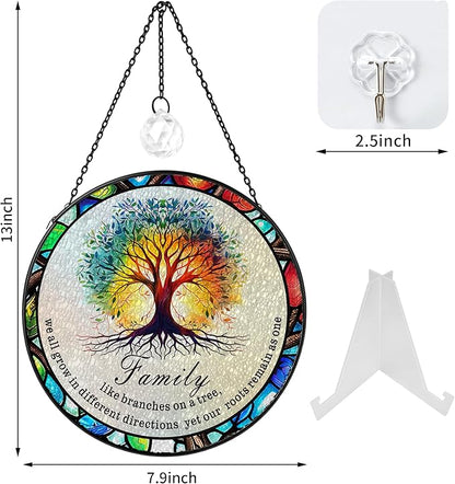 Tree of Life Stained Glass Window Hanging Family Tree Suncatcher for Door Home Decor Desk Decorations Gifts for Women (Glass-Family Branches, 7.8x7.8 in)