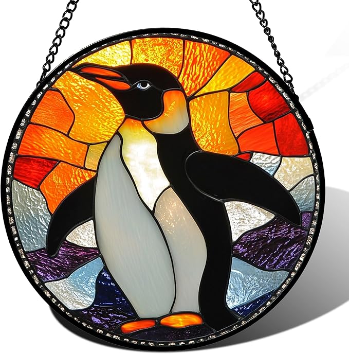 Stained Glass Window Hanging - Cute Penguin Suncatcher for Doors Garden Patio Sun Catchers Decor Christmas Mother's Day Birthday Teenager Gifts for Women Men Mom Nana Friend 6.3 in