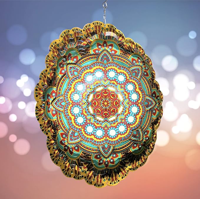 HS's Creation Hanging Wind Spinner 19 Guage 3D Metal 12 Inch for Garden Patio Outdoor Indoor Lawn Decoration Ornaments Gifts with Swivel Hooks Gift Weather Resistant Lucky Flower Gold Wind Spinners