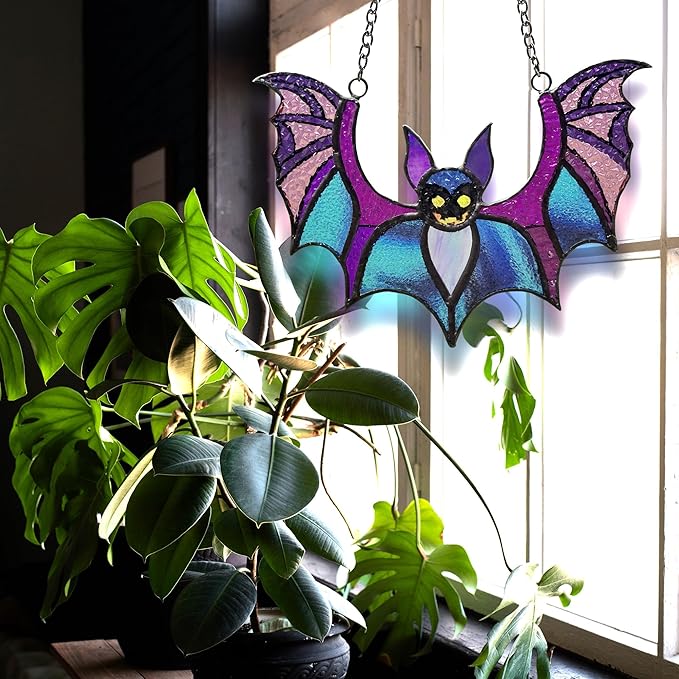 Bat Stained Glass Window Hangings, Halloween Bat Suncatcher Home Decor, Gothic Bat Lovers Gifts.