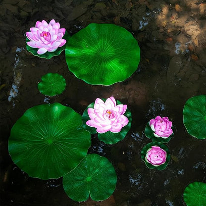 Fake Lily Pads, 10 PCS Artificial Lotus with Water Lily Pad, Realistic Water Floating Foam Lotuses Pads, Pink Artificial Floating Lotus Decor with Pad for Home Outdoor Ponds
