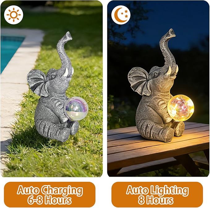 Solar Elephant Statue Garden Decor Outdoor, Garden Statues Yard Decor for Outside, Gardening Gifts for Women, Mom or Birthdays, Elephant Ornaments Yard Art for Yard, Patio, Lawn (Gray Elephant)
