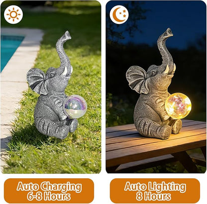 Solar Elephant Statue Garden Decor Outdoor, Garden Statues Yard Decor for Outside, Gardening Gifts for Women, Mom or Birthdays, Elephant Ornaments Yard Art for Yard, Patio, Lawn (Gray Elephant)