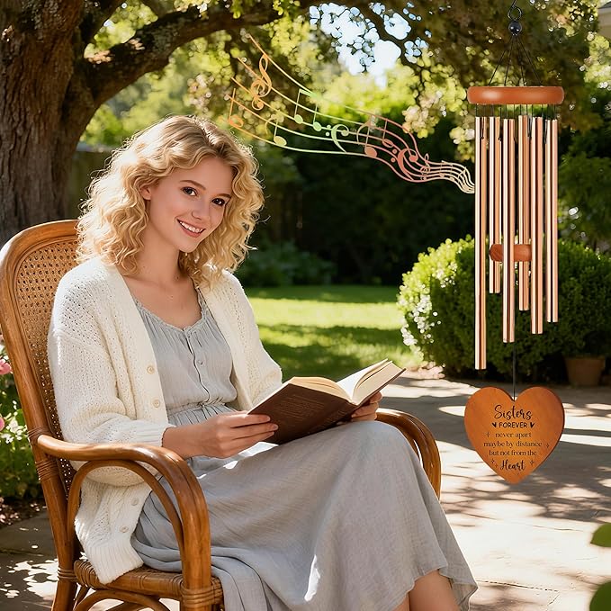 Mothers Day Sister Gift, Sisters Forever Quote Wind Chimes for Outside, Floral Heart Design Windchime for Home Garden Patio Yard Decor