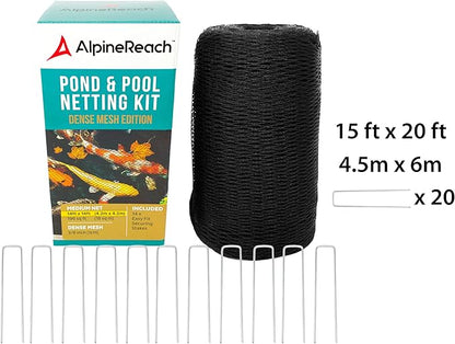 AlpineReach Pond Netting Kit 15 x 20 Feet & 20 Steel Staples - Woven Fine Mesh Heavy Duty Stretch Net Cover for Leaves - Protects Koi Fish from Blue Heron Birds Cats Predators - Galvanized Stakes