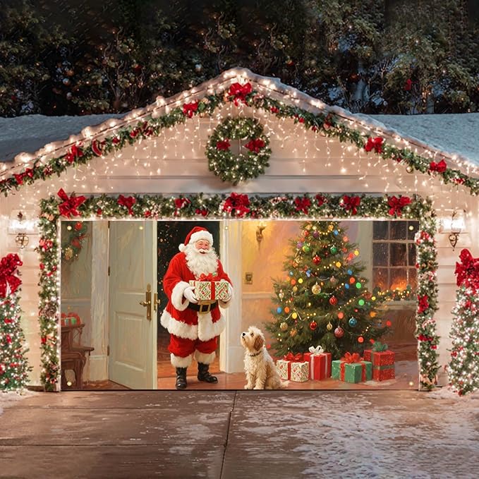 HOMETITUTE 13x6ft Christmas Garage Door Banner Santa with Dog Scene, Red Green Warm Light Backdrop Outdoor Indoor Xmas Wall Background Decor for Winter Holiday Porch Yard Seasonal Display