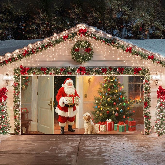 HOMETITUTE 13x6ft Christmas Garage Door Banner Santa with Dog Scene, Red Green Warm Light Backdrop Outdoor Indoor Xmas Wall Background Decor for Winter Holiday Porch Yard Seasonal Display