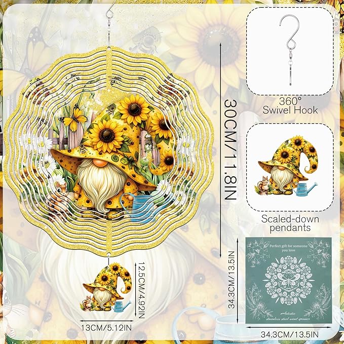 Gnomes Hanging Wind Spinner Outdoor - Gnome Gifts for Women, Stainless Steel Wind Sculpture Sunflower Art Ornaments with Card for Garden Balcony Patio Yard Lawn Decorations