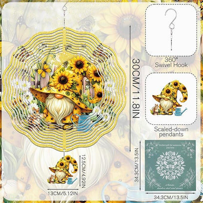 Gnomes Hanging Wind Spinner Outdoor - Gnome Gifts for Women, Stainless Steel Wind Sculpture Sunflower Art Ornaments with Card for Garden Balcony Patio Yard Lawn Decorations
