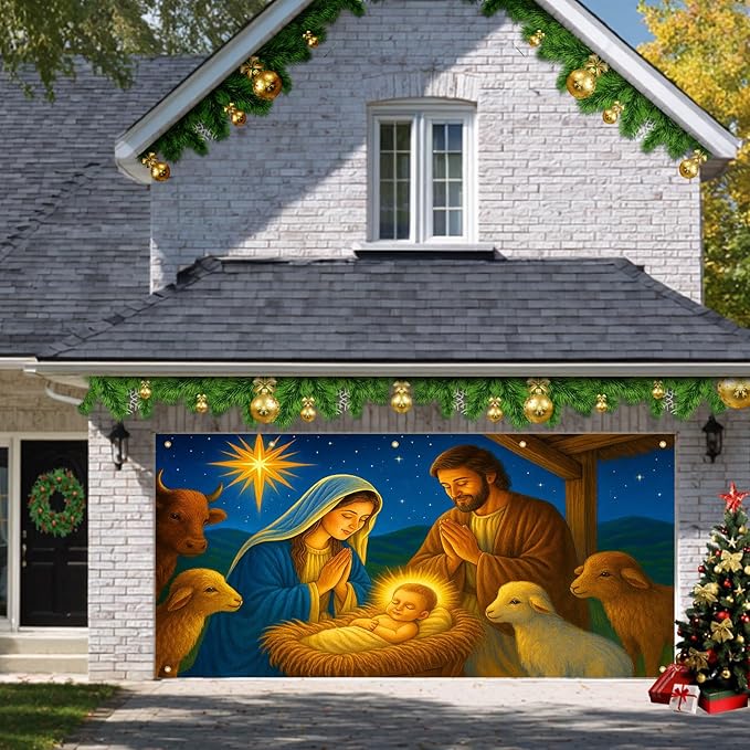 HOMETITUTE Christmas Garage Door Banner 13x6ft Nativity Scene Holy Family Star Backdrop Banners for Outside Indoor Winter Door Cover Garage Wall Covering for Party Garage Decorations