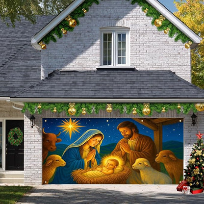 HOMETITUTE Christmas Garage Door Banner 13x6ft Nativity Scene Holy Family Star Backdrop Banners for Outside Indoor Winter Door Cover Garage Wall Covering for Party Garage Decorations