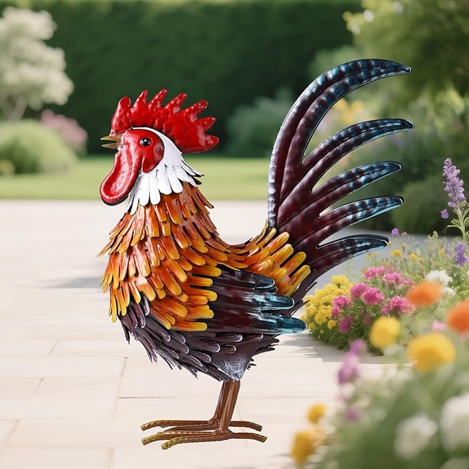 Shorayn Rooster Garden Statue Metal Chicken Yard Art Decor Outdoor Sculpture Figurines