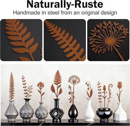 12 Pcs Rusty Metal Flowers and Plants, Rustic Metal Fern Leaf Garden Stakes, Rusty Plant Shaped Decoration for Flower Arrangement Potted Plants Outdoor Lawn Yard Courtyard Art