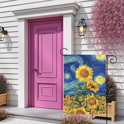 Sunflower Garden Flag Spring Summer Sunflowers Yard Flags Vibrant Van Gogh Starry Sky House Banners Double Sided Rustic Farmhouse Floral Banner for Porch Patio Landscape Decor 12 x 18 Inch
