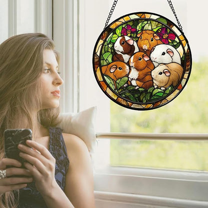 Stained Glass Window Hanging 6 Cute White Brown Guinea Pigs 7.8" - Suncatcher Door Garden Sunroom Sun Catcher Decor Birthday Christmas for Mom Men Woman Nana Friend