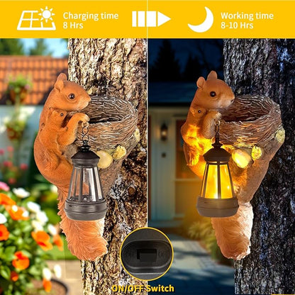 Garden Decor Squirrel Tree Hugger, Outdoor Statue with Solar Powered Lantern for Outside Porch Patio Wall Tree Fence, Housewarming Gifts for Women Mom Garden Lovers