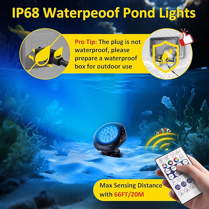 T-SUN Pond Lights LED Underwater 16M Colors with App and Remote, Submersible Fountain Light with Timer and Dimmable, Music Sync, Outdoor Spotlights for Koi Pond, Garden, Yard