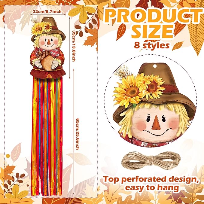 DoubleFill 8 Pcs Thanksgiving Scarecrow Outdoor Hanging Decorations with Tassels Fall Scarecrow Decor Autumn Harvest Yard Signs for Farmhouse Festival 3.3 ft Home Lawn Yard Party Supplies Garden Decor