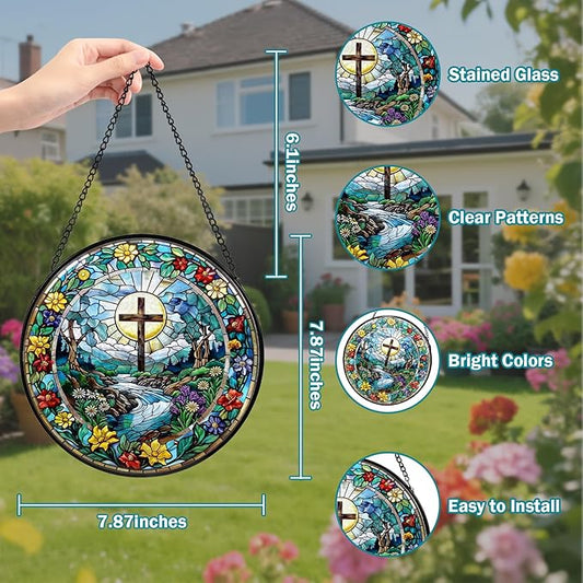 Cross Stained Glass Window Hanging, Wildflower Suncatcher Diamond Glass Panel Hangings, Sun Catchers Indoor Windows Wall Art Decor, Pastor Christian Gift, Christmas Decor for Home Office 7.87 inches