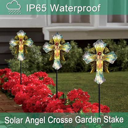 WAIU Solar Cross Garden Stake Lights, Angel Wings Waterproof Solar Outdoor Lights for Garden Yard Cemetery Decor, Memorial Cross Solar Christmas Lights