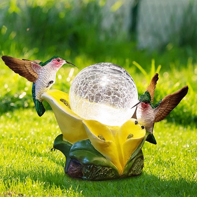 Solar Garden Statue Hummingbird Figurine - Hummingbird Flower Carry Magic Orb Solar LED Lights for Outdoor Statue Decoration for Patio, Balcony, Yard, Lawn Ornament
