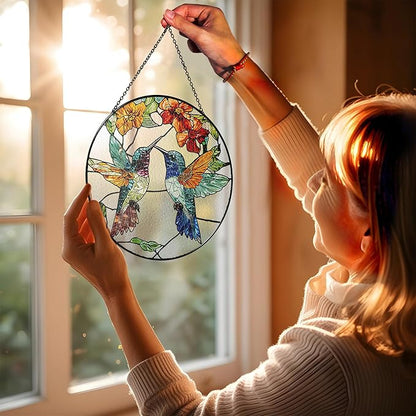 7.8" Hummingbirds Stained Glass Suncatchers Art Glass Tropical Birds for Sun Catcher Indoor Gifts for Pet Animal Nature Floral Lovers Women Grandma Mom Friend Painted Panel Décor BIRD-06B-SG8