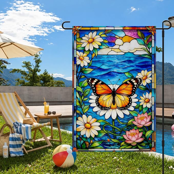 IVN Stained Glass Butterfly Garden Flag 12x18 Inch – Daisy and Water Lily Outdoor Flag, Double Sided Burlap Spring Summer Yard Flag for Porch Lawn Patio Decor