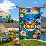 IVN Stained Glass Butterfly Garden Flag 12x18 Inch – Daisy and Water Lily Outdoor Flag, Double Sided Burlap Spring Summer Yard Flag for Porch Lawn Patio Decor