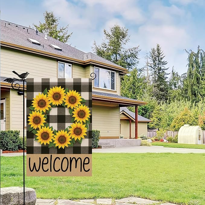 Buffalo Plaid Welcome Wreath Garden Flag Sunflower Flower Flag 12x18 Double Sided Tropical Floral Yard Decor Welcome Sign for Spring Summer Outdoor Porch Patio Lawn Farmhouse