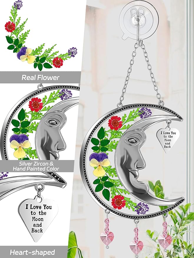 KY&BOSAM Moon Suncatcher Mom Gifts Stained Glass for Windows Hangings Wind Chime Decor with Pressed Real Flower and Metal I Love You to The Moon and Back Heart Charm for Home Christmas Trees Patio