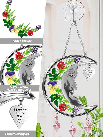 KY&BOSAM Moon Suncatcher Mom Gifts Stained Glass for Windows Hangings Wind Chime Decor with Pressed Real Flower and Metal I Love You to The Moon and Back Heart Charm for Home Christmas Trees Patio
