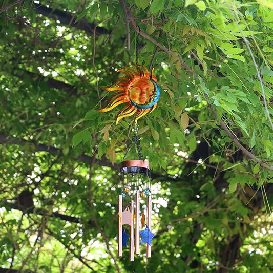 Sun with Flame Wind Chime for Outside Valentine Decoration, Aluminum Tubes with Star Shape Suncatcher, Wind Chimes Hanging for Porch Patio Balcony Decor, 37 Inch