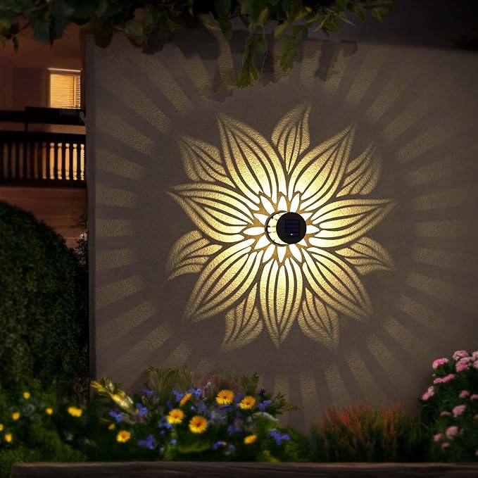 Hapjoy Solar Fence Lights 2 Pack Outdoor Deck Step Wall Lights Metal Waterproof LED Warm Yellow Light for Garden Post Patio Backyard Yard Decor (Flower, 2)