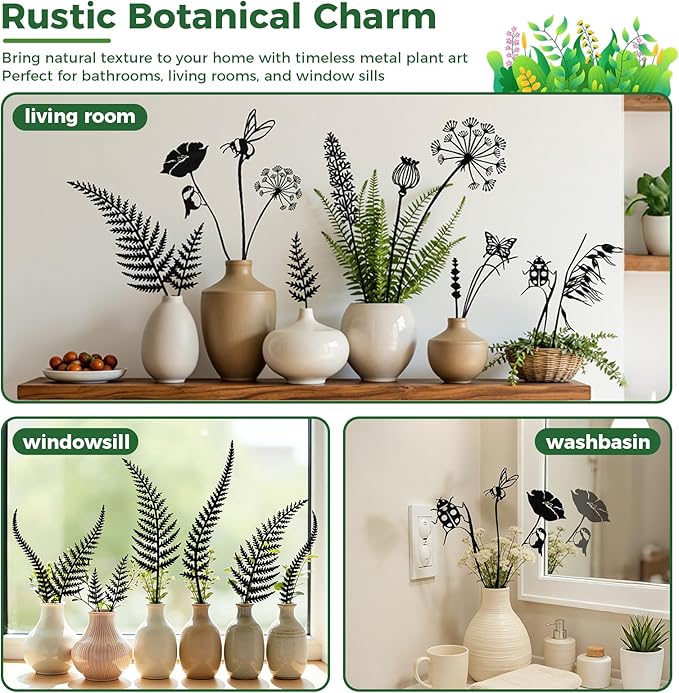 3-Pack Insect Metal Garden Stakes for Indoor&Outdoor Potted Plants, Rustic Metal Flowers for Outside, Decorative Outdoor Status,Gift-Boxed Garden Decor(Black Ladybug&Bee Flower Set)