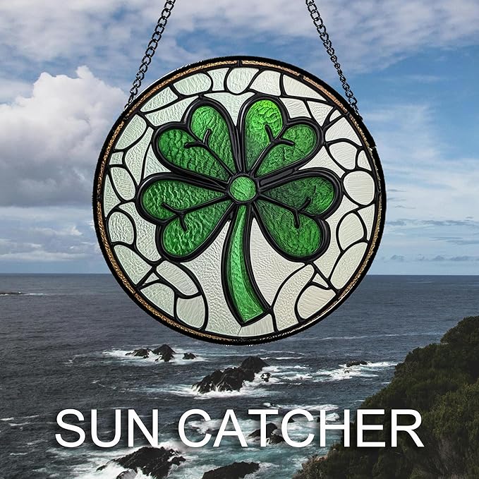 Stained Glass Window Hanging Green Lucky Clover Large 11.8" - Suncatcher Door Garden Sun Catcher Irish Decoration Birthday Christmas St. Patrick's for Mom Men Woman Nana