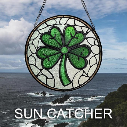 Stained Glass Window Hanging Green Lucky Clover Large 15" - Suncatcher Door Garden Sun Catcher Irish Decoration Birthday Christmas St. Patrick's for Mom Men Woman Nana